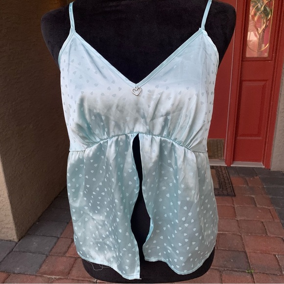 Flora Nikrooz Tops - Baby Blue Babydoll Heart Print Satin Camisole Top